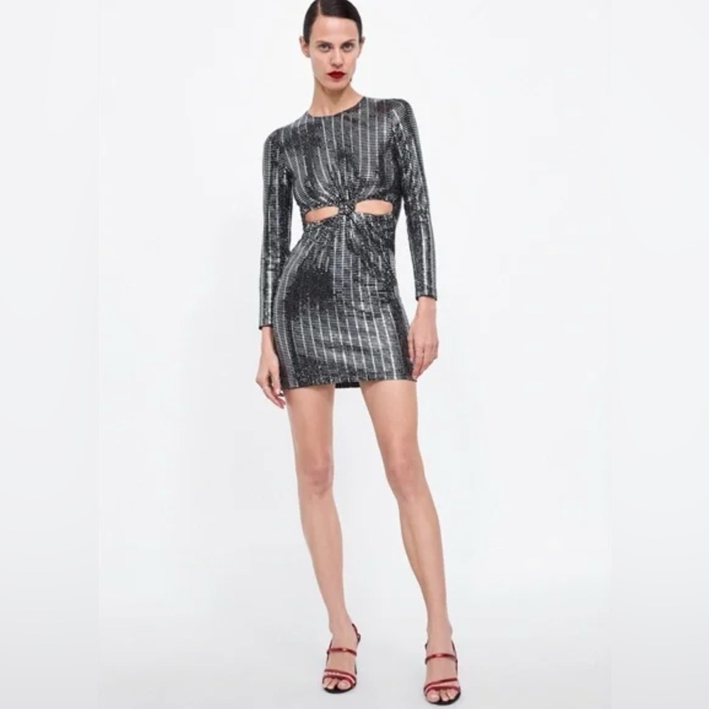 NWT Zara Black Sequins Mirror Cutout Cocktail Mini Dress